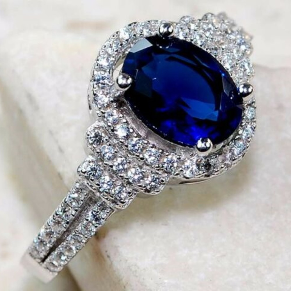 3CT Blue Sapphire & Topaz, Silver 925 Ring Size 6 - Picture 2 of 2